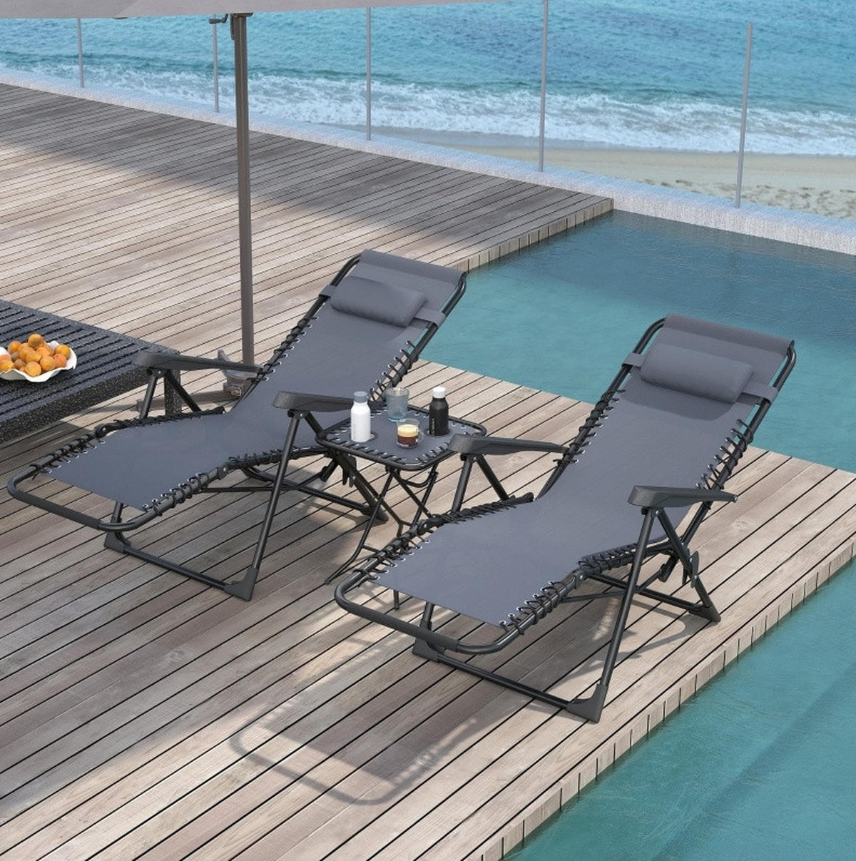 SONNENLIEGEN-SET aus Metall 90x65x110 cm Grau klappbar mit Beistelltisch, Getränkehaltern und Kopfstützen - Grau, Metall (65/110/90cm) - Modfu