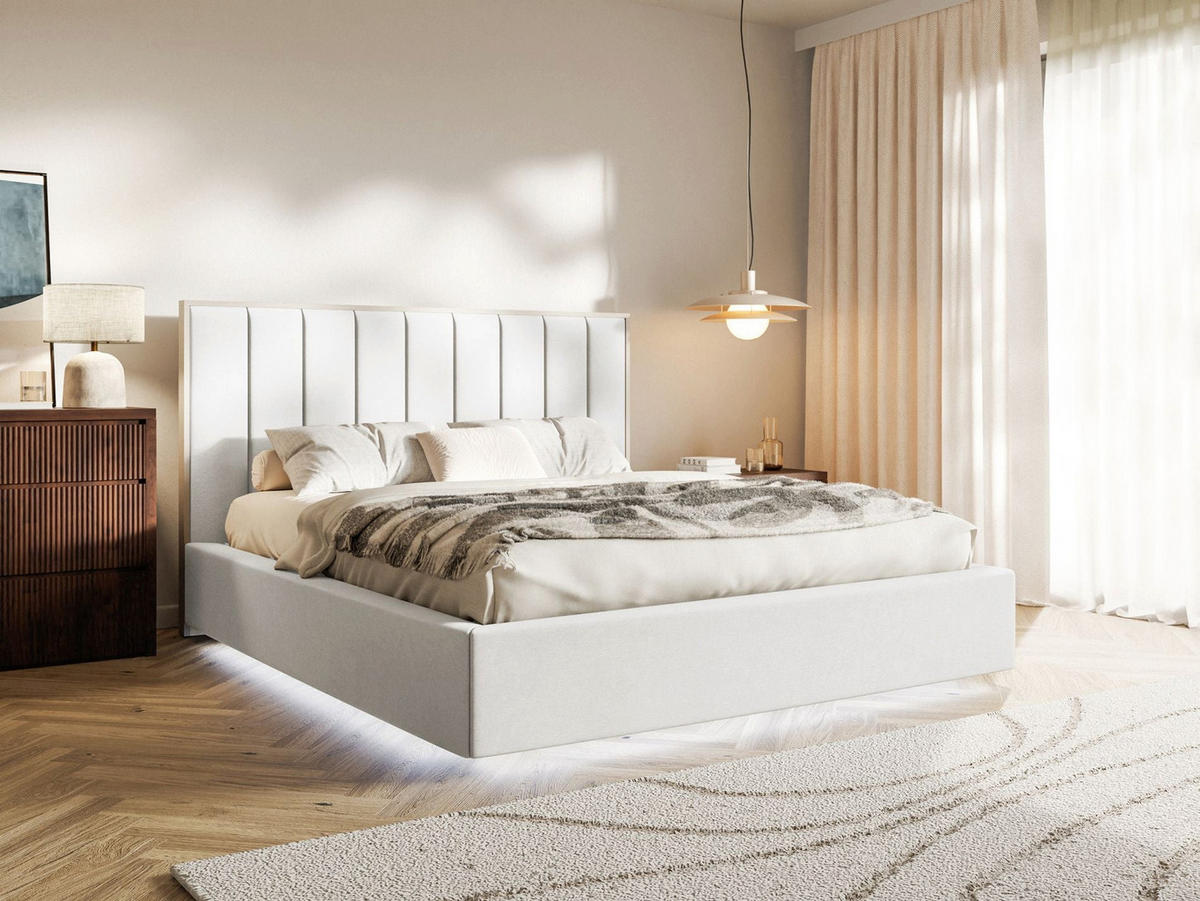 POLSTERBETT Togents Weiß mit Veloursbezug, Bettkasten und LED, 180x200 cm - Weiß, Textil (180/200cm) - Selsey