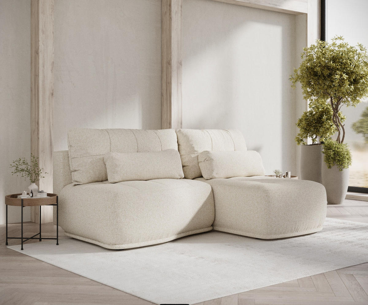 ECKSOFA MIT SCHLAFFUNKTION Batu Creme Plüschstoff - Creme/Schwarz, Holz/Holzwerkstoff (223/158cm) - Maison de Reve