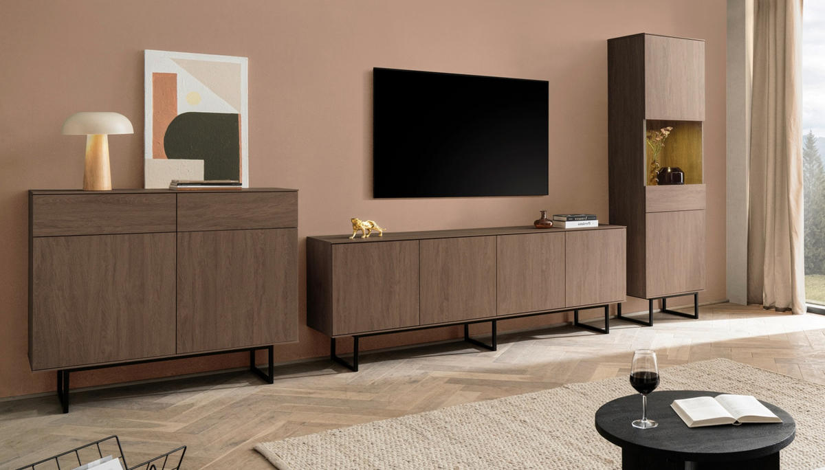 WOHNWAND in Nussbaum 3-teilig 400 cm, Komplett-Set mit Push-to-Open - Nussbaumfarben/Schwarz, Glas/Holzwerkstoff (400/200/40cm) - Furn.Design