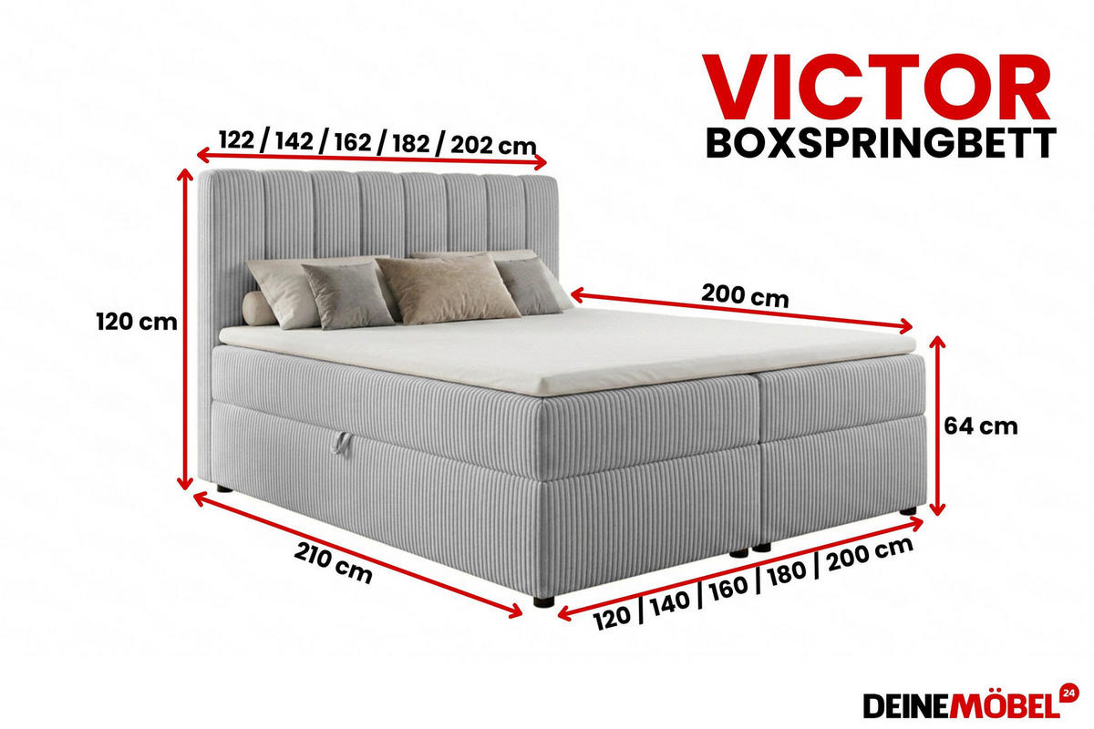 BOXBETT VICTOR 140/200 in Cord Hellgrau H4 - Hellgrau, Holz/Holzwerkstoff (140/200cm) - Deine Möbel 24