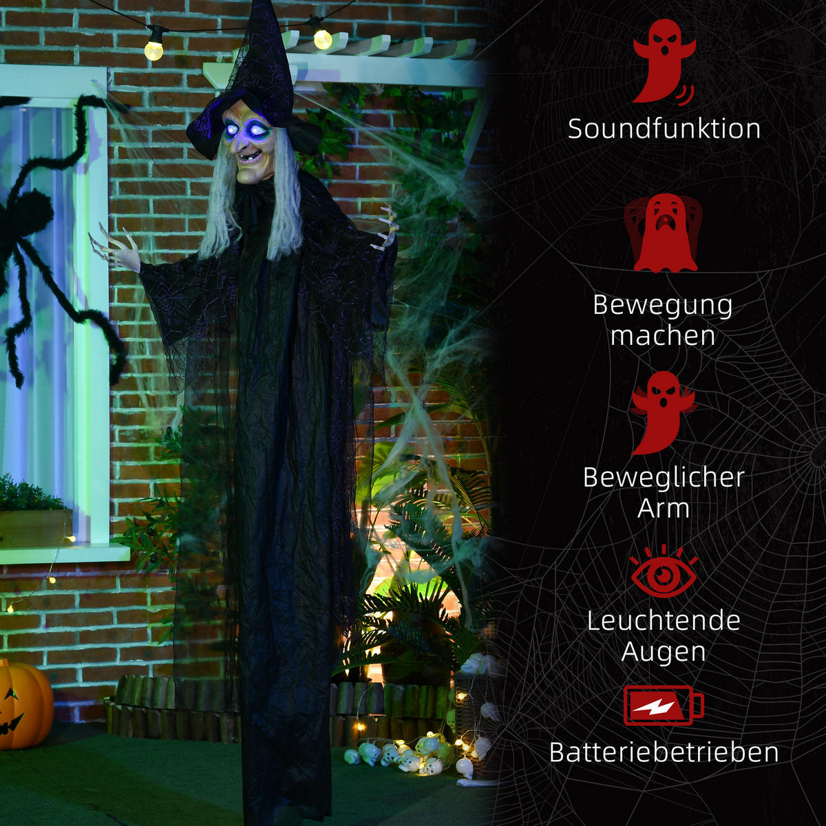 HALLOWEEN HORROR-CLOWN, Schwarz, Polyester, PE, Stahl - Schwarz, Kunststoff (18/183/130cm) - HOMCOM