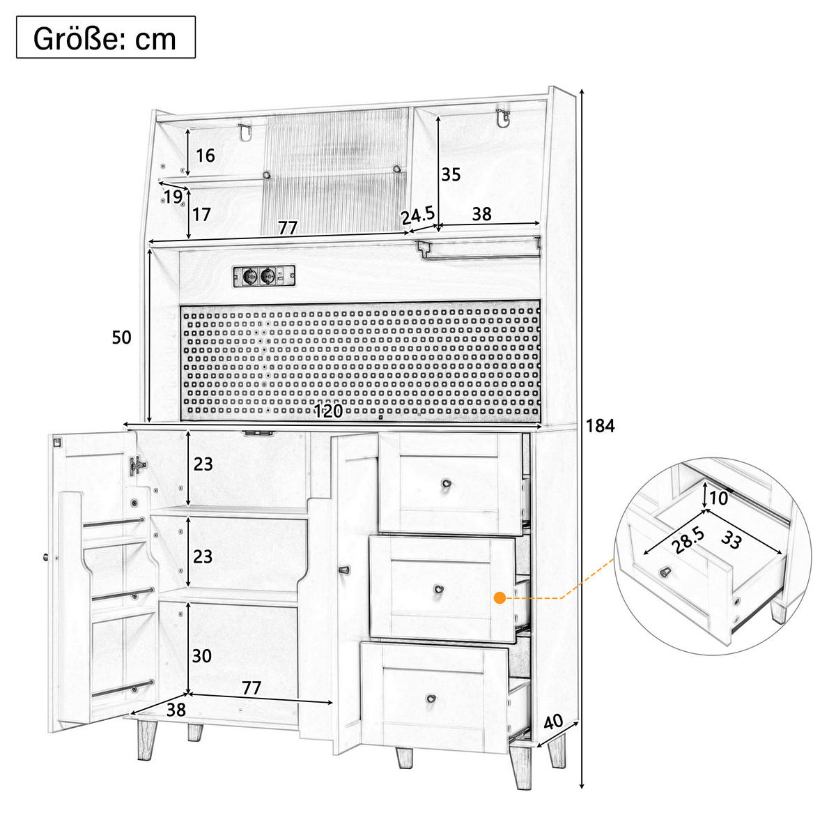 BUFFET 120/40/184 cm weiß aus MDF mit Steckdosen und Lochplatte - Weiß, Holzwerkstoff (120/184/40cm) - OKWISH
