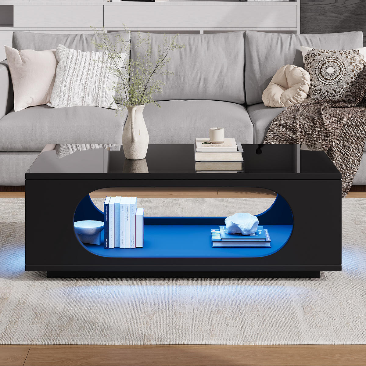 COUCHTISCH LED App-Steuerung Schwarz 100x50x35cm MDF 30kg Stauraum - Schwarz, Holzwerkstoff (100/50/35cm) - FLIEKS