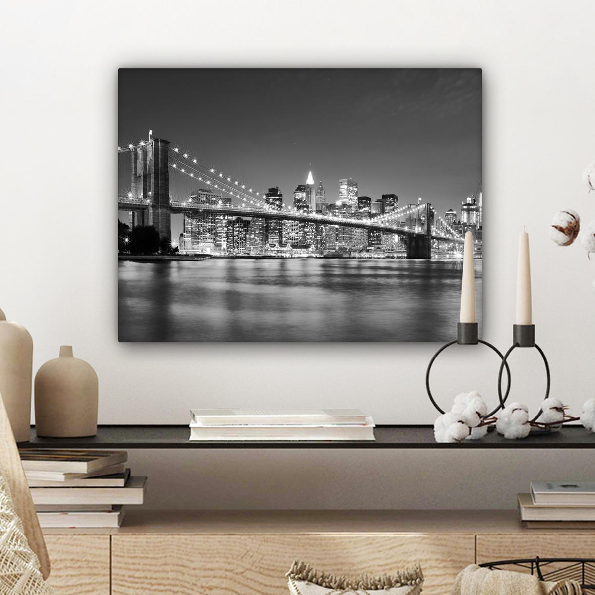 LEINWANDBILD - New York - Brücke - Brooklyn - Schwarz und weiß - Architektur - 40x30 - Wanddeko - Schwarz, Textil (40/30cm) - MuchoWow