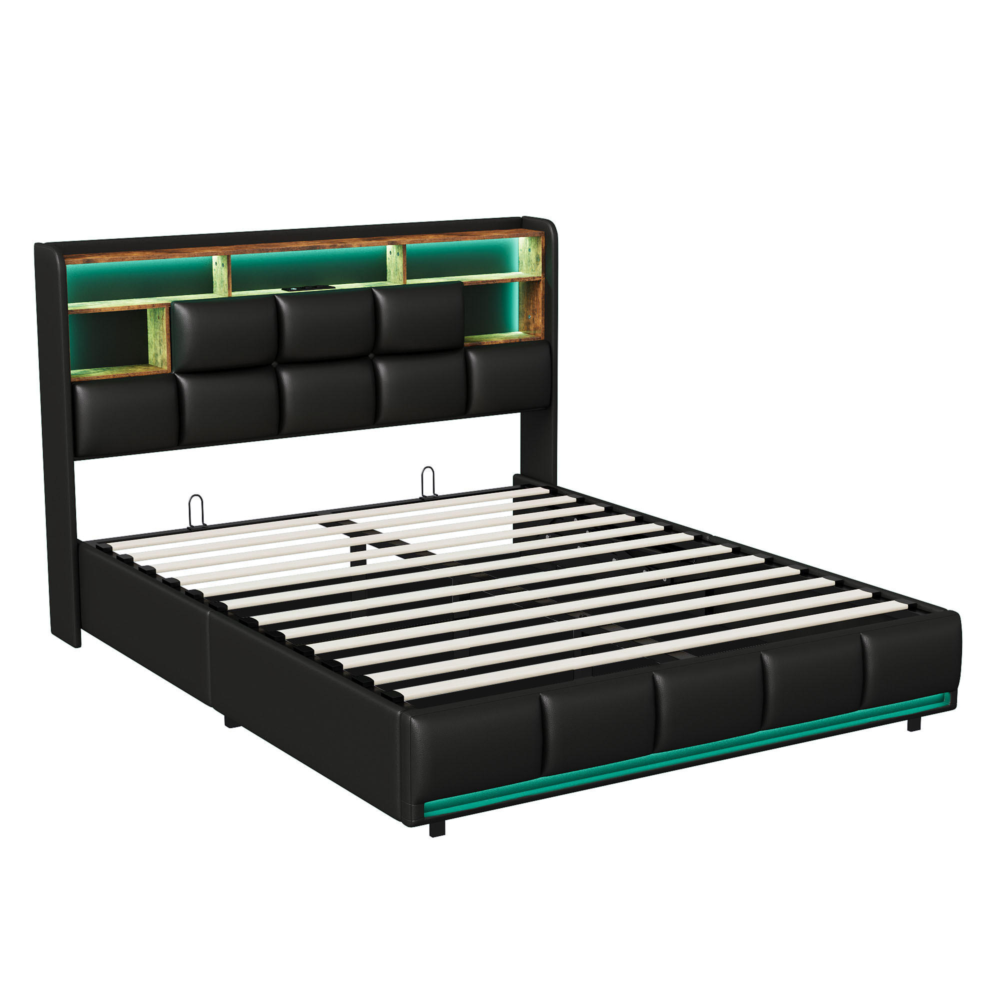 POLSTERBETT 160x200 cm mit LED, USB, Lattenrost, PU, Schwarz - Schwarz, Metall (160/200cm)