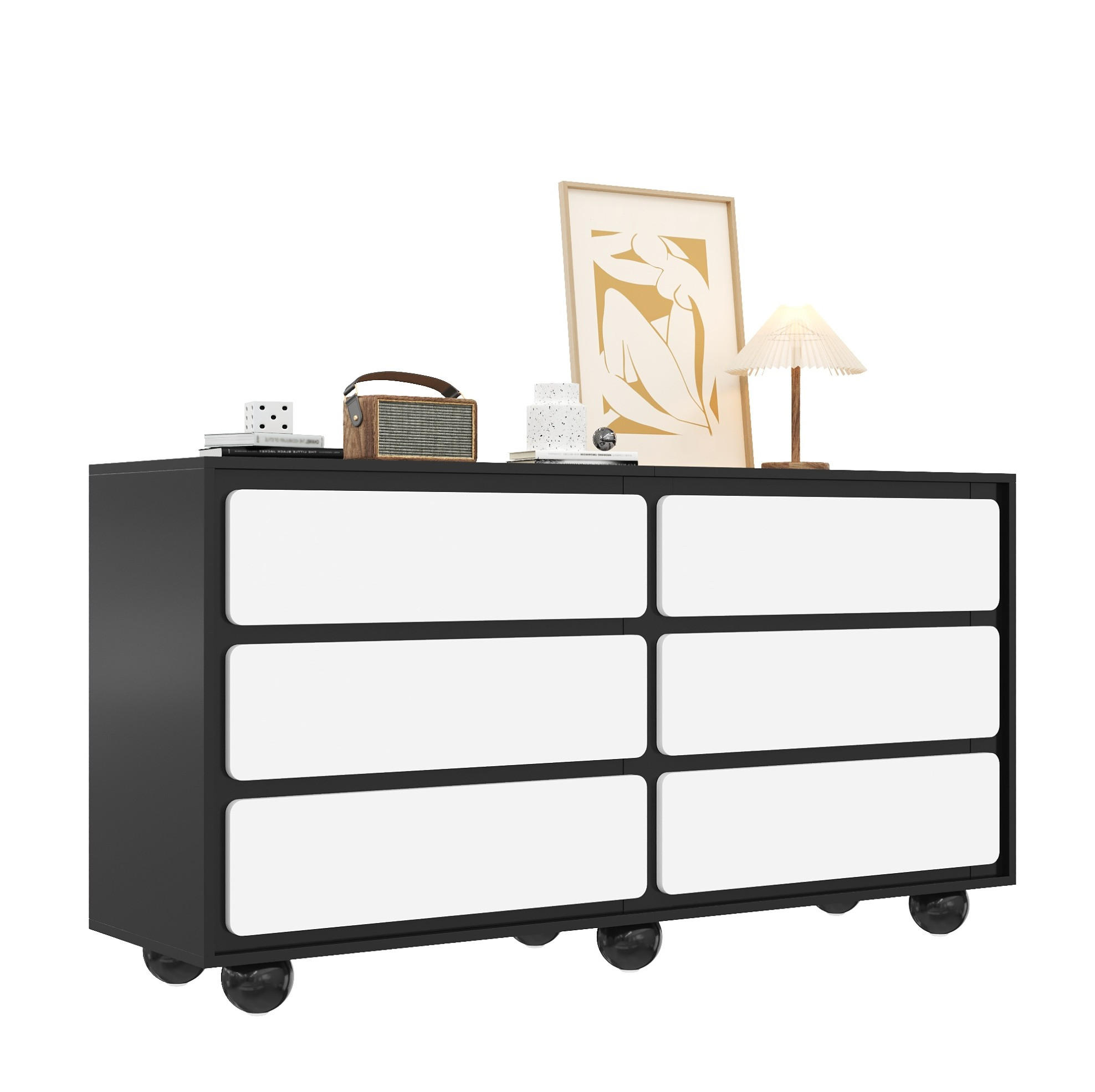 SIDEBOARD 140/38/74,5 cm Weiß/Schwarz aus Spanplatte mit 6 Schubladen - Weiß, Holzwerkstoff (38/74.5/140cm) - OKMYHOME