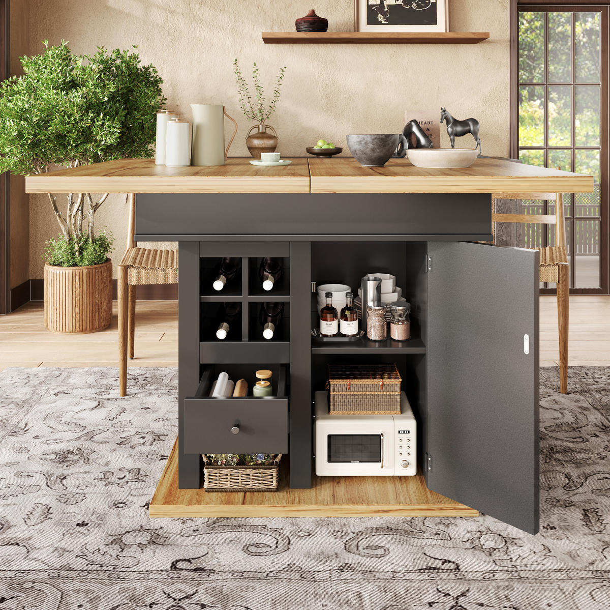 ESSTISCH aus MDF 110-140x80x75 cm Schwarz/Natur ausziehbar mit höhenverstellbaren Regalen und Soft-Close-Türen - Schwarz, Holzwerkstoff (140/80/75cm) - Modfu