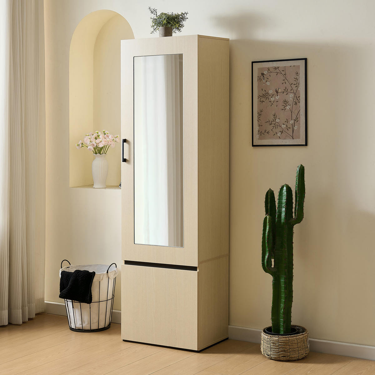 GARDEROBENSCHRANK Spiegel Kleiderstange Schmal Flurschrank - Naturfarben, Holzwerkstoff (54/179.5/34.5cm) - FLIEKS