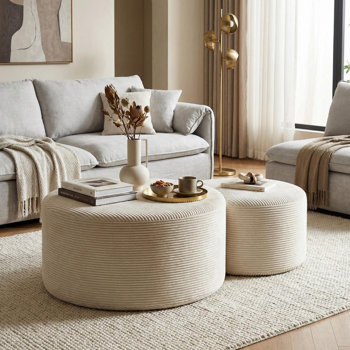 COUCHTISCH 2er Set Rund Gepolsterter Montagefrei - Beige, Textil (81/81/40cm) - Urban Meuble