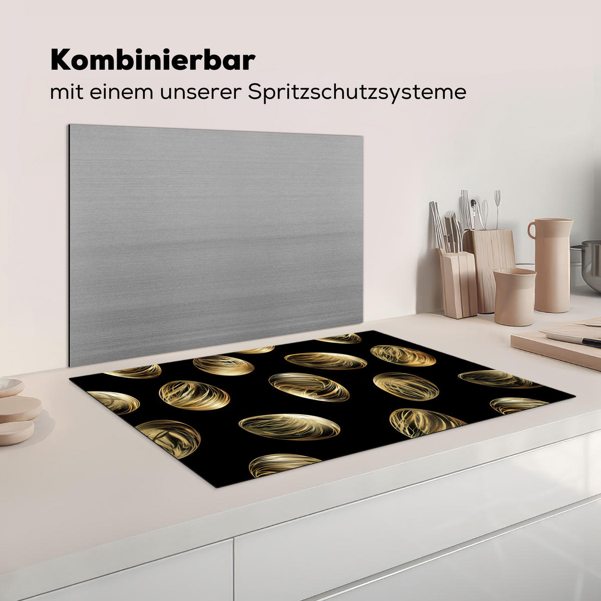 HERDABDECKPLATTE Eier - Gold - Muster Ceranfeldabdeckung 80x52 cm - Schwarz, Kunststoff (80/52/0.2cm) - MuchoWow