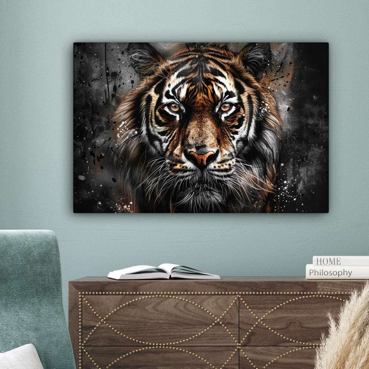 LEINWANDBILD Tiger - Tiere - Porträt - Luxus - Schwarz Gemälde 60x40 cm - Anthrazit, Textil (60/40cm) - MuchoWow