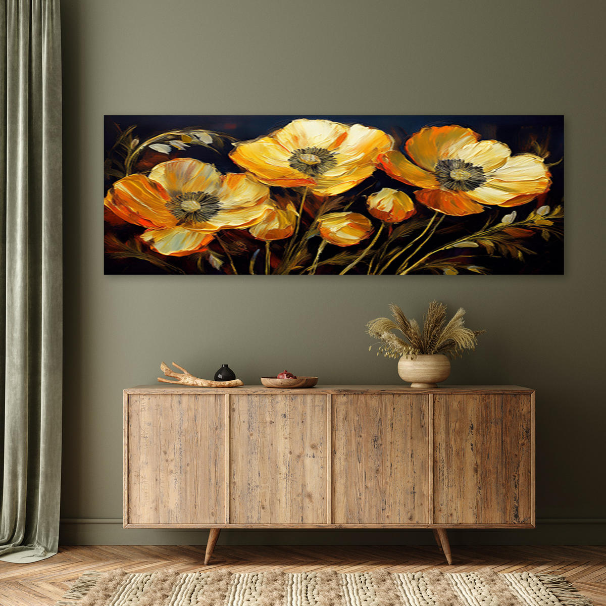 WANDBILD feldmohn goldene blüten - Goldfarben, Textil (90/30cm) - Feeby
