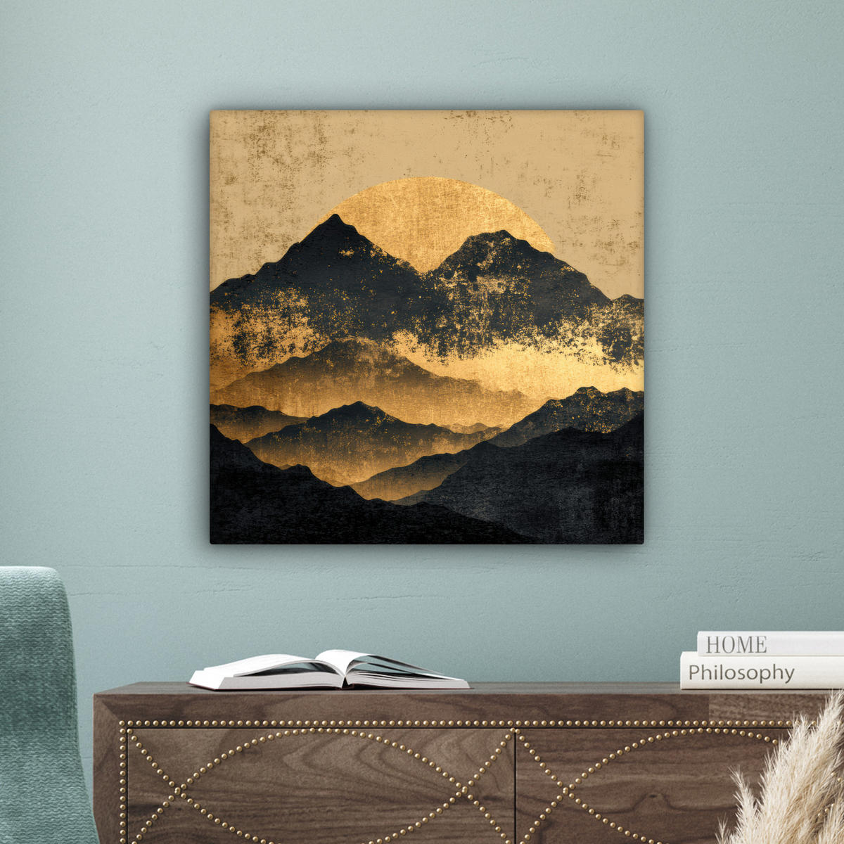 LEINWANDBILD Goldene Berge bei Mondschein Wandbild Wohnzimmer 50x50 cm - Goldfarben, Textil (50/50cm) - MuchoWow