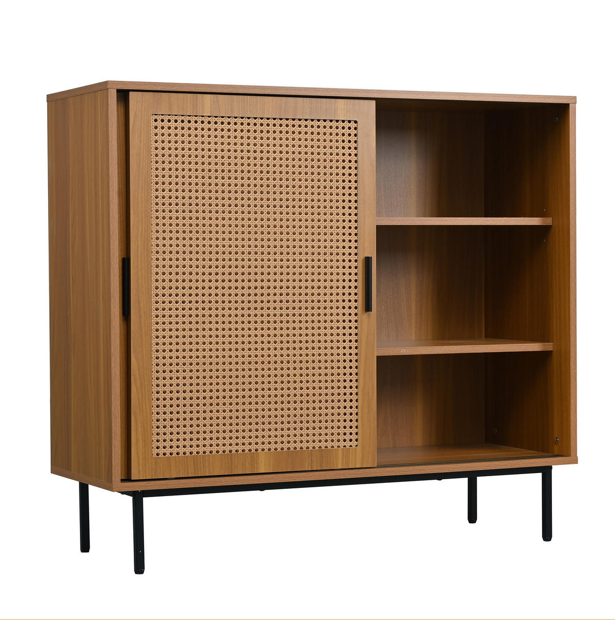 SIDEBOARD 100/37/90 cm in Walnuss mit 2 Schiebetüren und Rattan-Optik - Walnussfarben, Holzwerkstoff (100/90/37cm) - Flora Grace