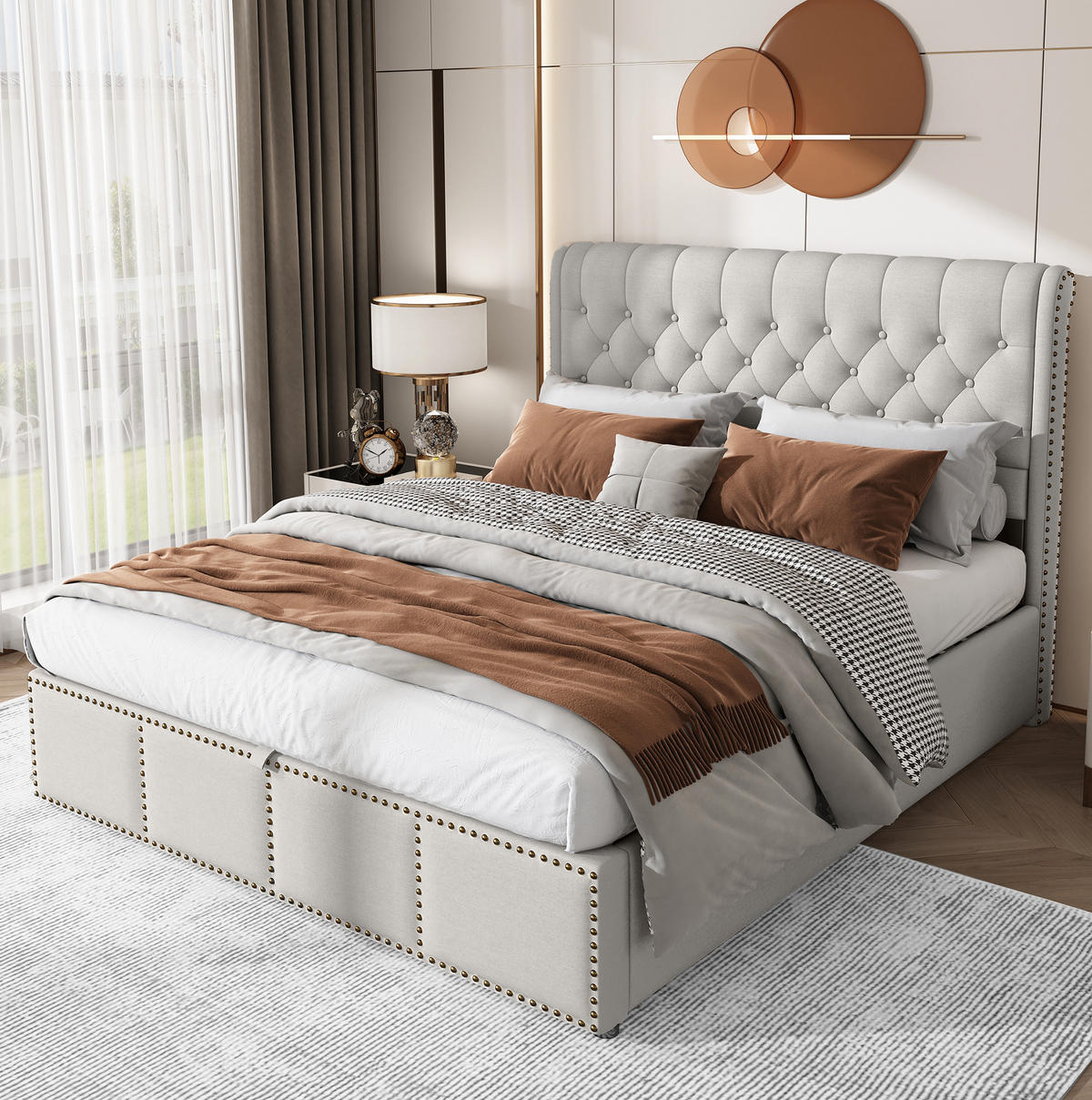 POLSTERBETT 140/200 cm Grau aus Baumwolle-Leinen mit Bettkasten - Grau, Textil (140/200cm) - OKMYHOME