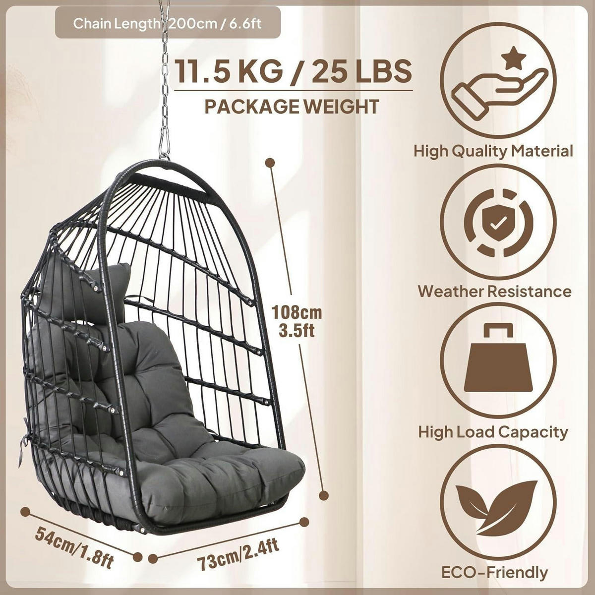 HÄNGESESSEL Rattan Korb mit Aufhängeset Schwarz - Grau, Kunststoff (73/1.5/108cm)