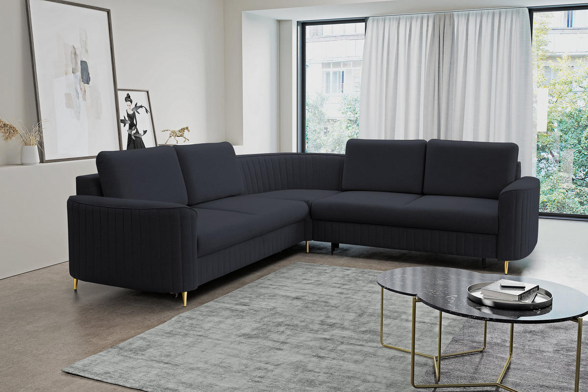 ECKSOFA VELA L-S Dunkelblau Velours-Stoff mit Schlaffunktion - Dunkelblau, Holz (251/251cm) - MASSENO