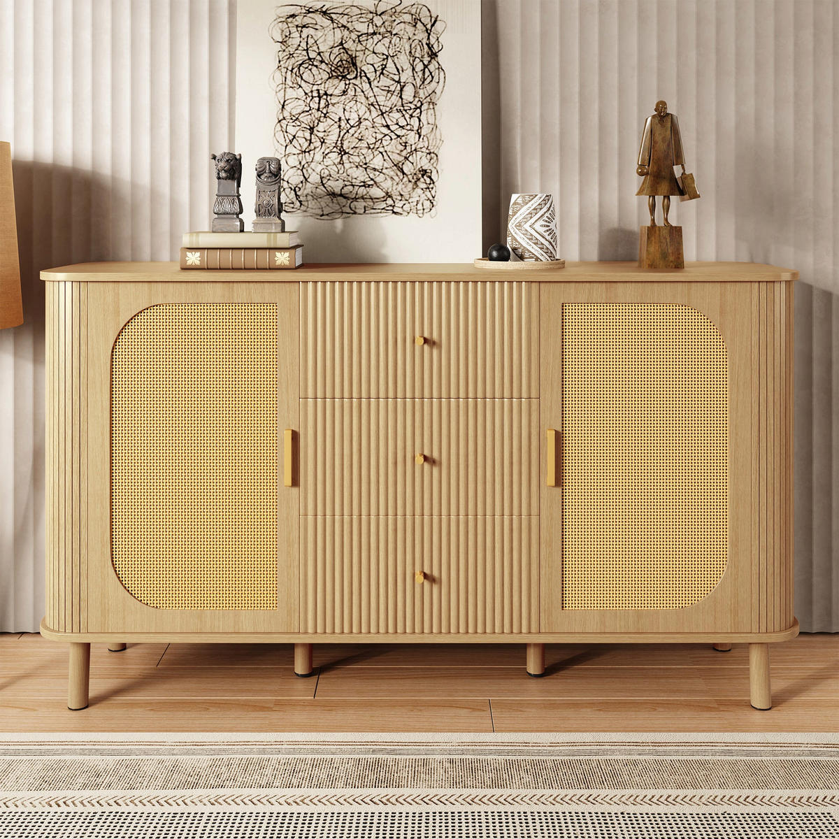 BUFFET in Naturholz- und Rattanoptik, Beige - Naturfarben, Holzwerkstoff (40/80/140cm) - Urban Meuble