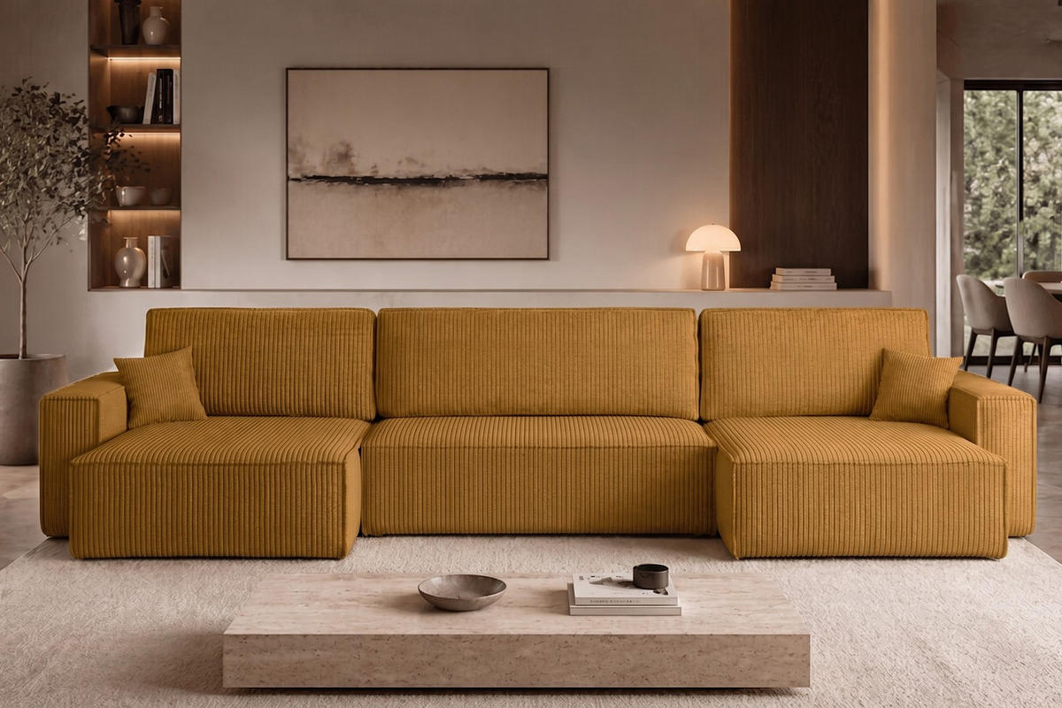 ECKSOFA Mit Schlaffunktion Und Bettkasten BEST U XL Stoff Poso Senffarbe - Gelb, Holz (142/372cm) - Kaiser Möbel