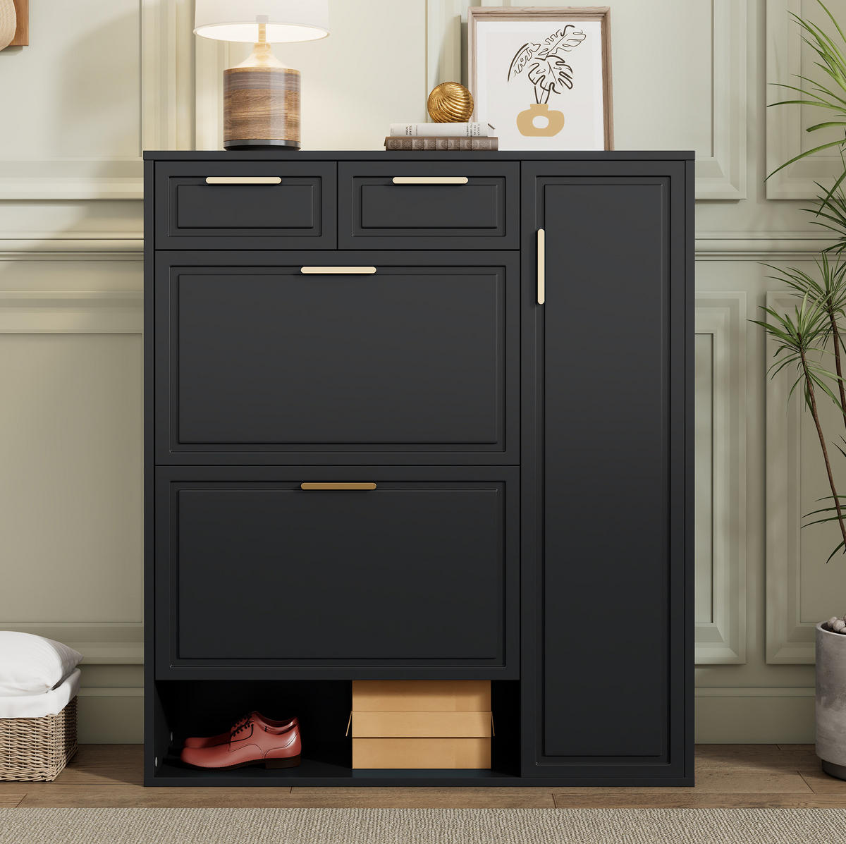 SCHUHSCHRANK 95/24/107 cm mit verstellbaren Regalen, 2 Schubladen und Klappfach, Schwarz - Schwarz, Holzwerkstoff (95/107/24cm) - Redom
