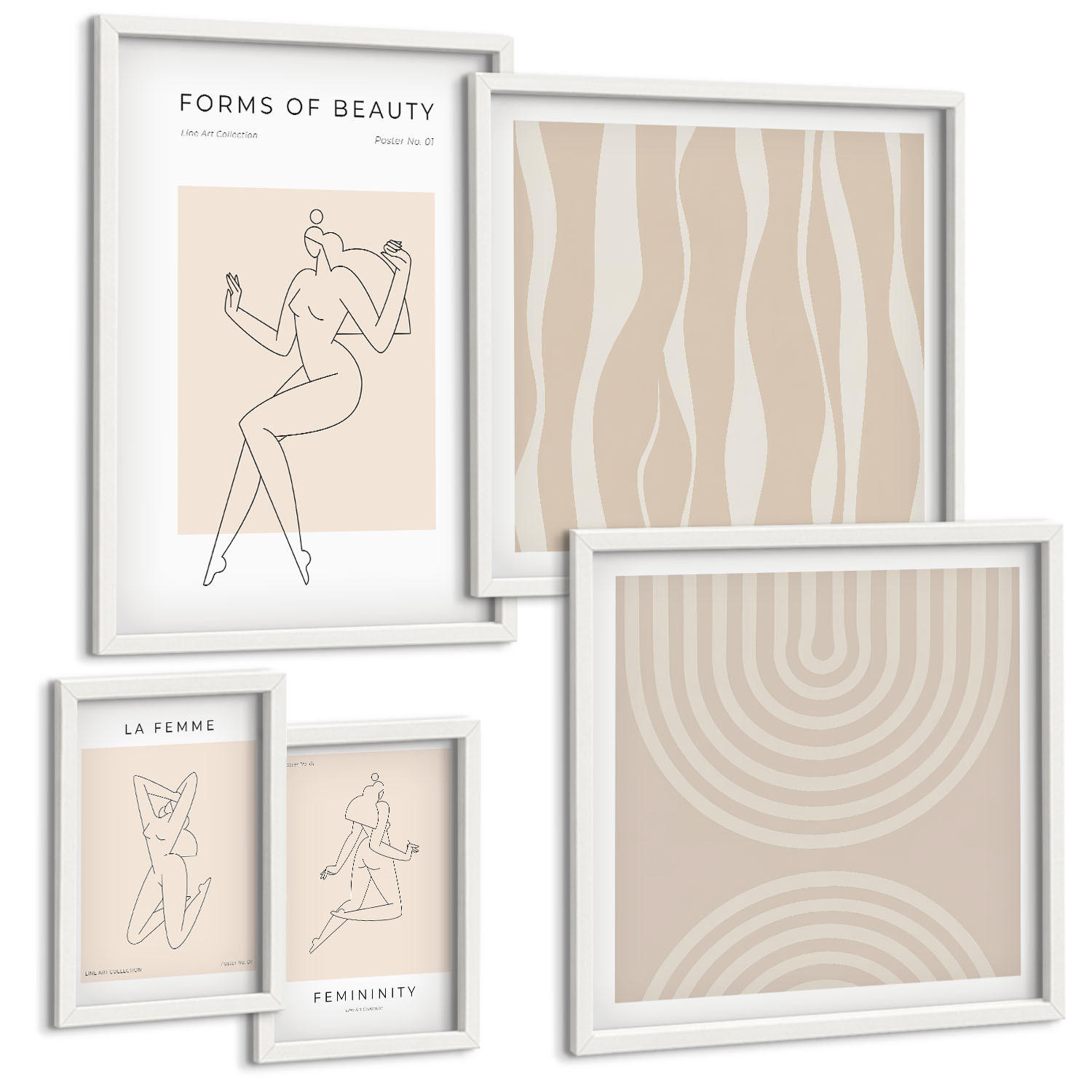 BILDER SET 5er Set - 50x50 cm & 20x30 cm & 40x60 cm Weißer Rahmen - Eine Sammlung minimalistischer Formen - Weiß, Kunststoff (40/60cm) - TULUP