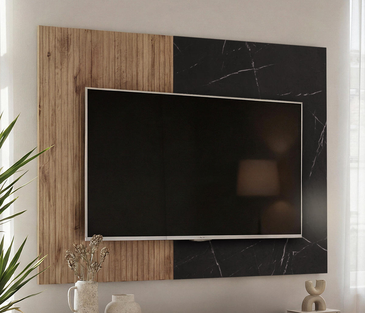WANDPANEEL schwarz, Vicking Eiche 160 x 118 cm, TV Rückwandverkleidung mit schwarzer Mamor-Optik - Eichefarben/Schwarz, Holzwerkstoff (160/118/1.6cm) - Inn.Furn