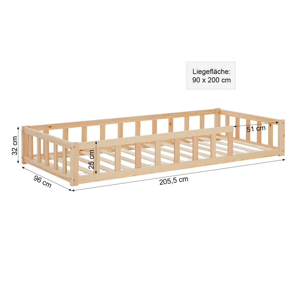 BODENBETT 90x200 Natur Lattenrost + Matratze - Naturfarben, Holz (90/200cm) - Homestyle4u