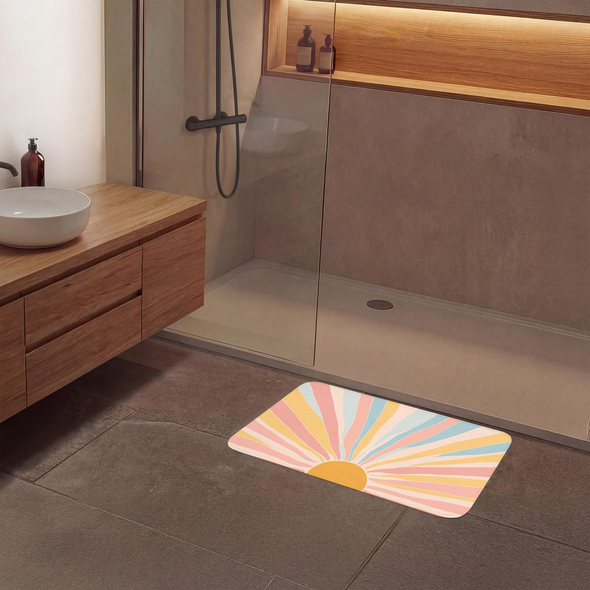 BADEMATTE Illustration - Sonne - Pastellfarben 80x50 cm - Pastellblau, Kunststoff/Textil (80/50cm)