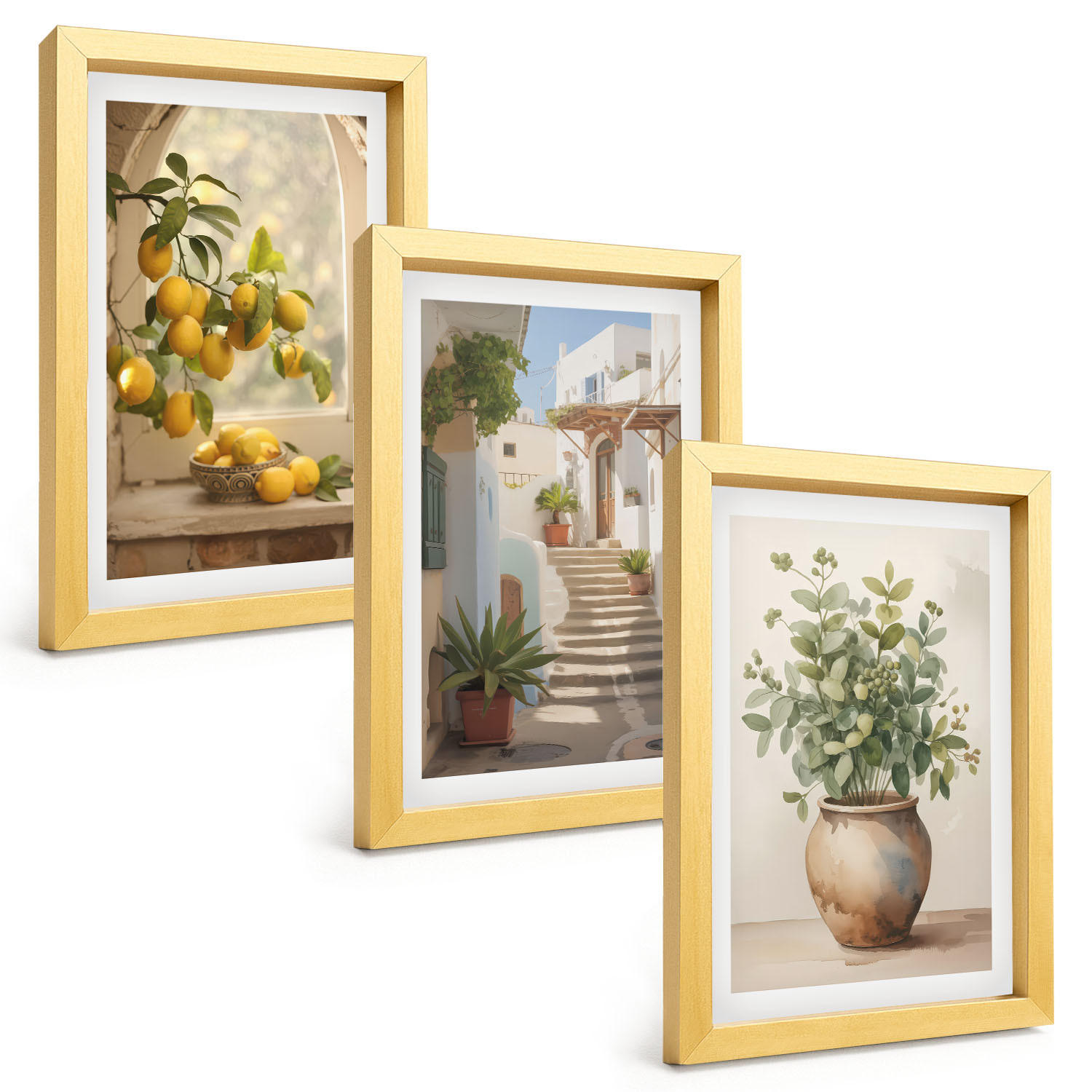 BILDER SET 3er Set - 20x30 cm Goldrahmen - Zitronen in einer Pflanzenvase - Goldfarben, Kunststoff (20/30cm) - TULUP