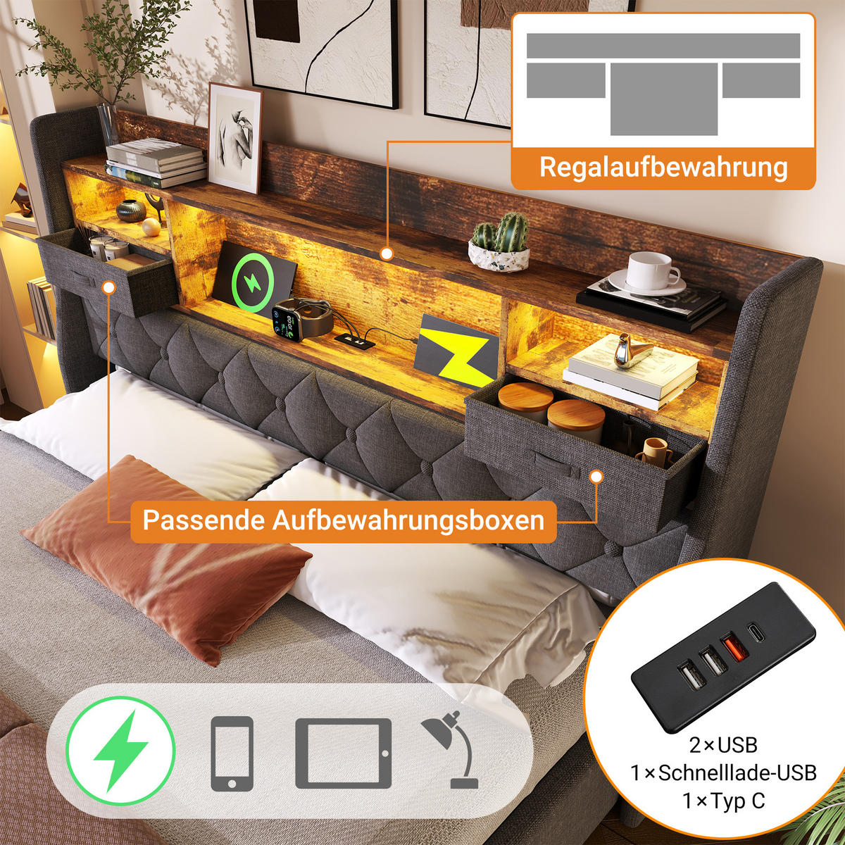 POLSTERBETT 140/200 cm mit hydraulischem Bettkasten, LED-Kopfteil & USB/Type-C, Leinen grau - Grau, Textil (140/200cm) - Redom