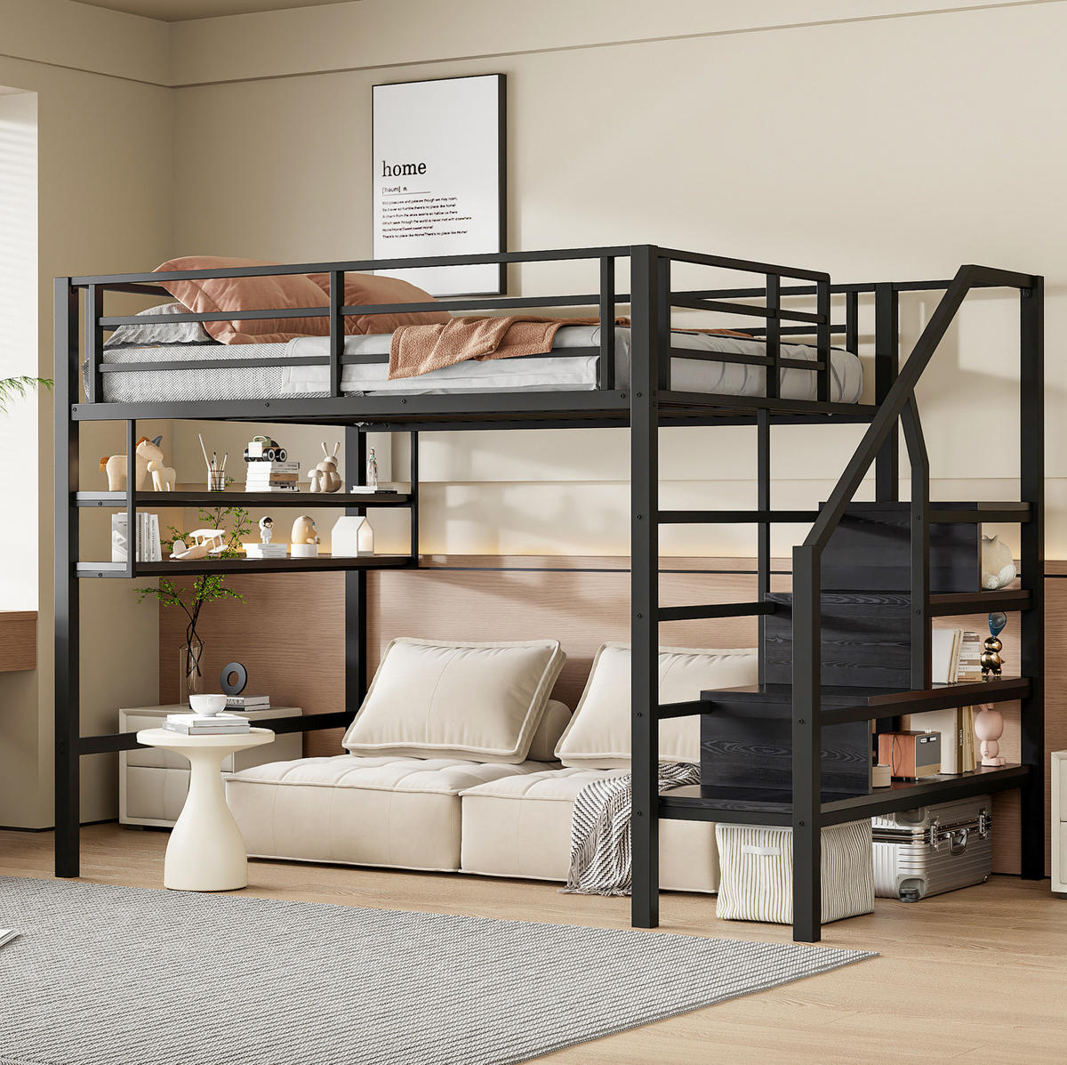 HOCHBETT 140/200 cm in Schwarz – mit Stauraumleiter und Regalfächern - Schwarz, Metall (140/200cm) - BEAOK