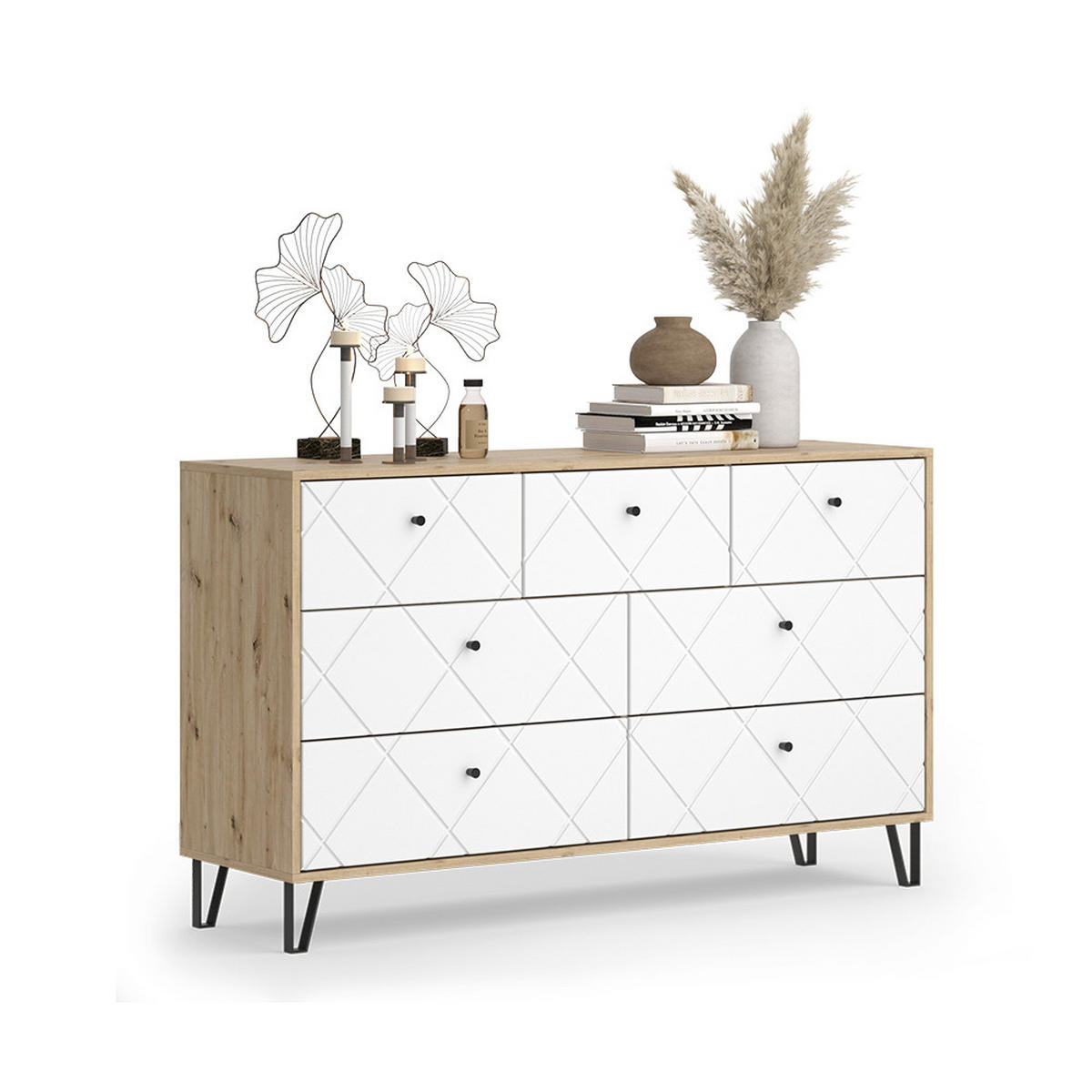 KOMMODE Nizza Artisan/Weiß 140.2 x 82.6 cm mit 7 Schubladen - Eiche Artisan/Weiß, Holzwerkstoff (140.2/82.6/40.1cm) - Vicco