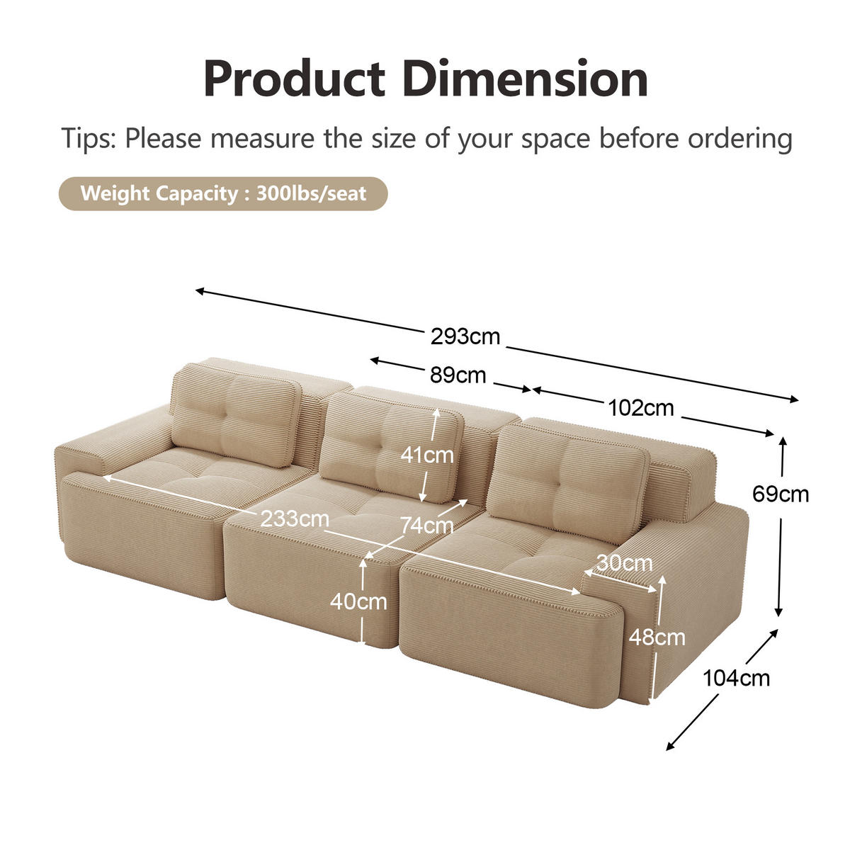 3-SITZER SOFA cord montagefrei & extratiefer sitz - Beige, Textil (293/69/104cm) - Urban Meuble