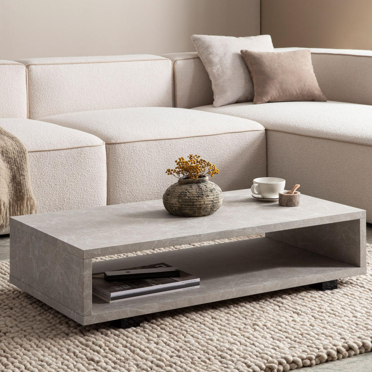 COUCHTISCH in Stein-Optik Modern mit Stauraum Rechteckig Schlicht, Beige 100x50x25 cm - Beige/Schwarz, Kunststoff (50/100/25cm) - KADIMA DESIGN