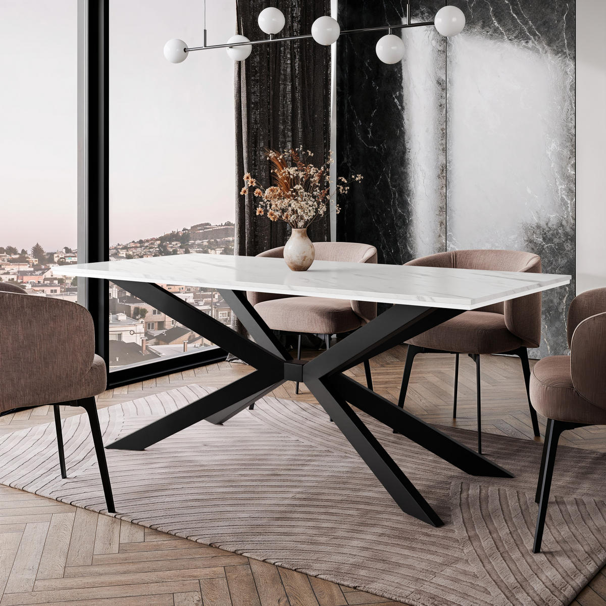 ESSTISCH 190 cm in Weiß Marmor-Optik - Weiß, Metall (90/190/76.5cm) - Home Collective