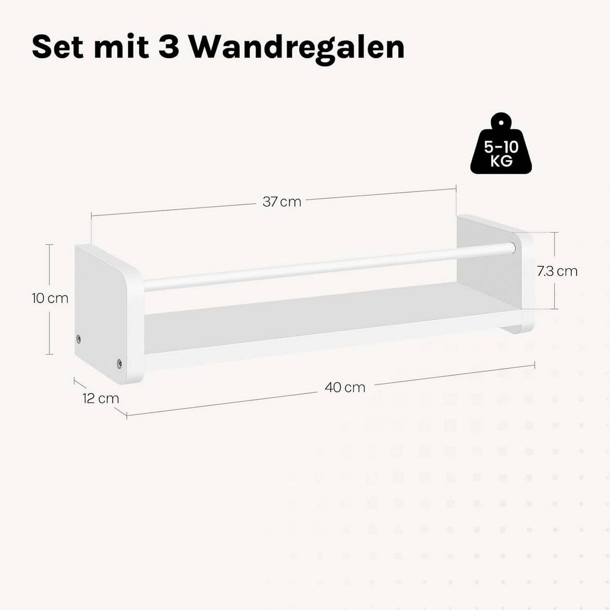 WANDREGAL 3er Set, mit Metallstange, Weiß - Weiß, Holzwerkstoff/Metall (40/10/12cm) - Woltu