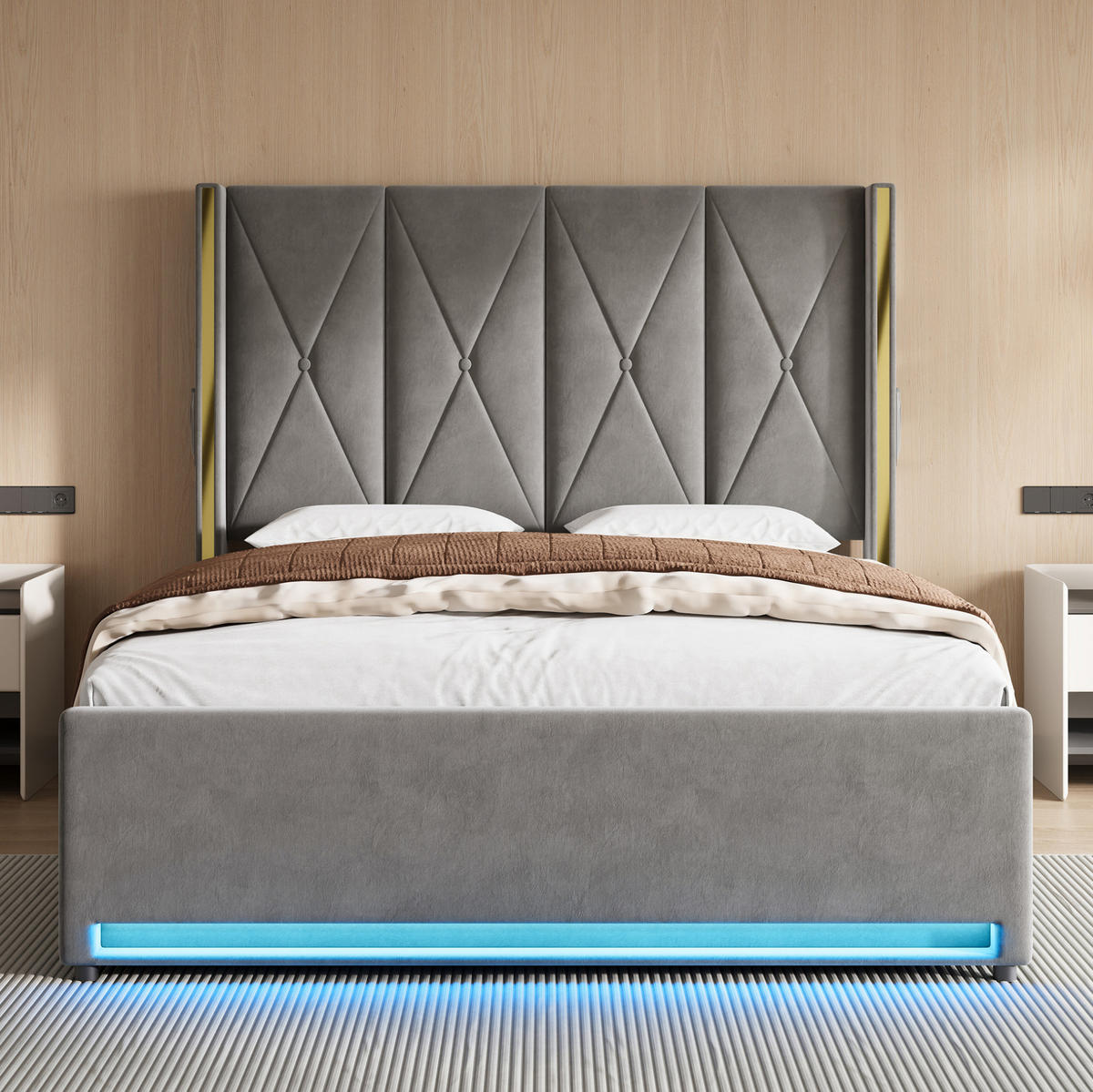 POLSTERBETT 160/200 cm mit LED-Beleuchtung, USB- und Type-C-Anschluss, Bettkasten und Seitentaschen, Dunkelgrau - Dunkelgrau, Textil (160/200cm) - Redom