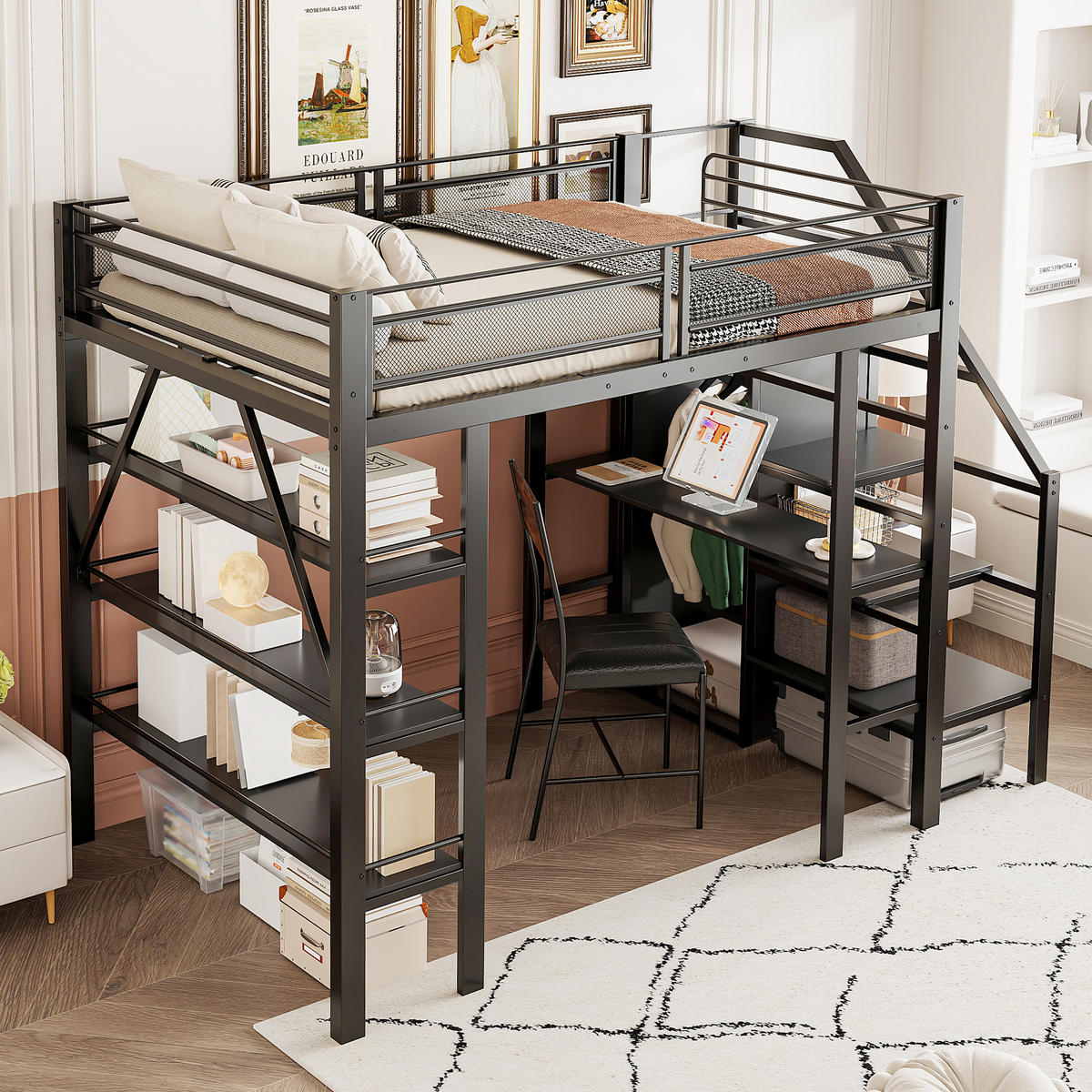 HOCHBETT 140/200 cm Schwarz mit Schreibtisch und Ablageregal aus Metall - Schwarz, Metall (140/200cm) - OKWISH