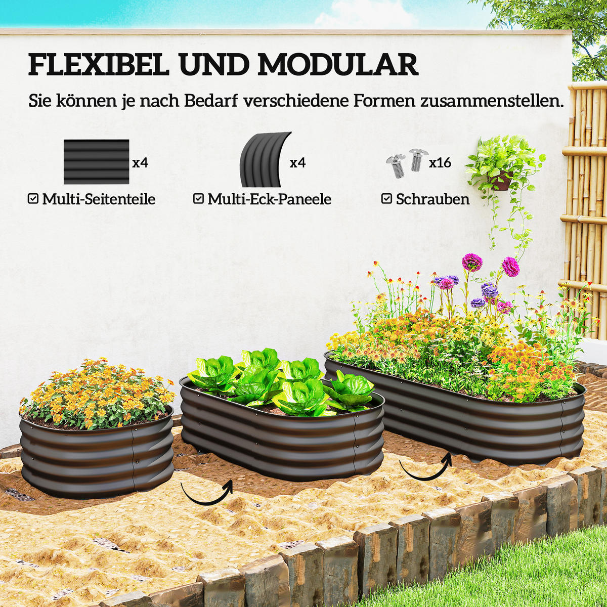 HOCHBEET Metall, Pflanzkasten, DIY Blumenkasten mit offenem Boden, Dunkelgrau - Dunkelgrau, Metall (62/30/150cm) - Outsunny