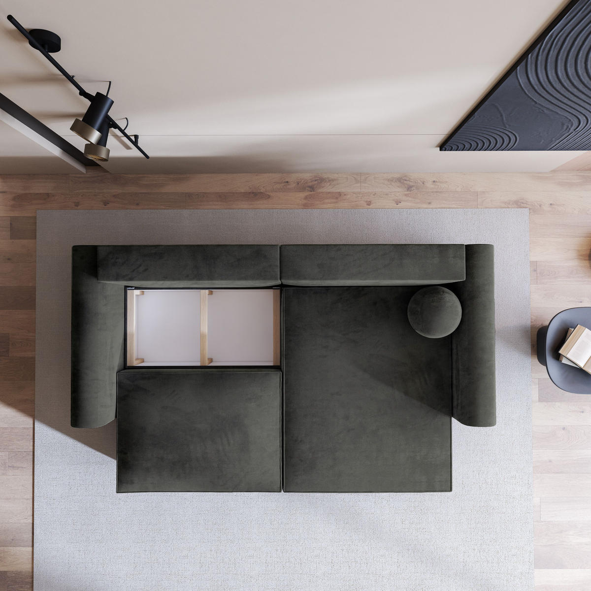 ECKSOFA FIANO M Schwarz Velours-Stoff mit Schlaffunktion - Schwarz, Holz (245/148cm) - MASSENO