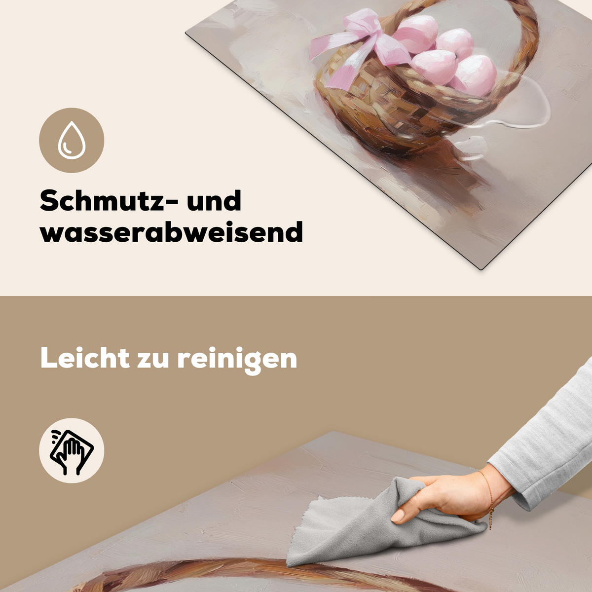 HERDABDECKPLATTE Korb - Eier - Rosa Herdabdeckung Induktionsfeld 75x52 cm - Beige, Kunststoff (75/52/0.2cm) - MuchoWow