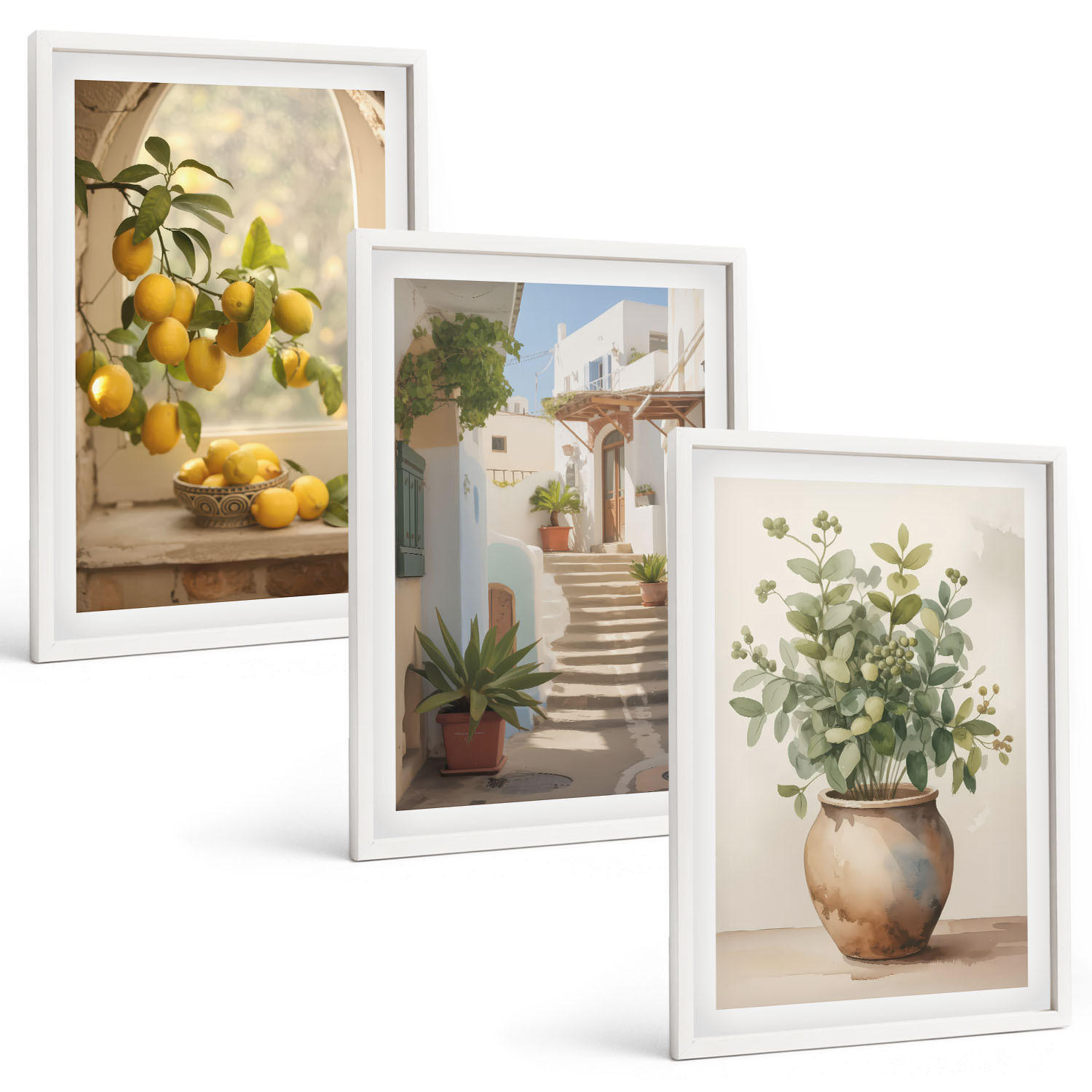 BILDER SET 3er Set - 40x60 cm Weißer Rahmen - Zitronen in einer Pflanzenvase - Weiß, Kunststoff (40/60cm) - TULUP