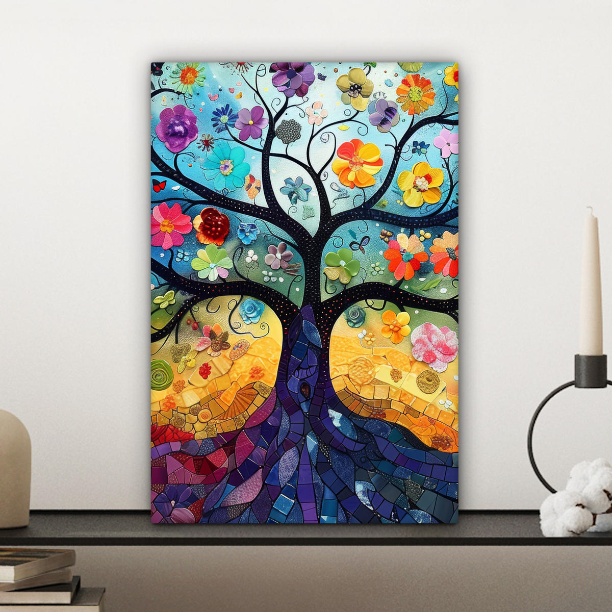 LEINWANDBILD Kunst - Baum des Lebens - Blumen - Hippie Deko Wohnzimmer 20x30 cm - Dunkelblau, Textil (20/30cm) - MuchoWow