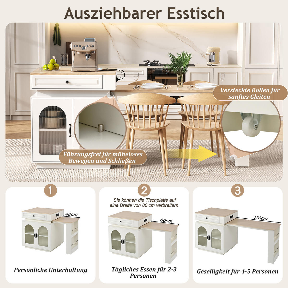 BARTISCH 128–200×71×92 cm aus MDF+Glas mit Riffelglas, LED & USB-Ladestation, weiß - Weiß, Holzwerkstoff (200/71/92cm) - Luhomfu
