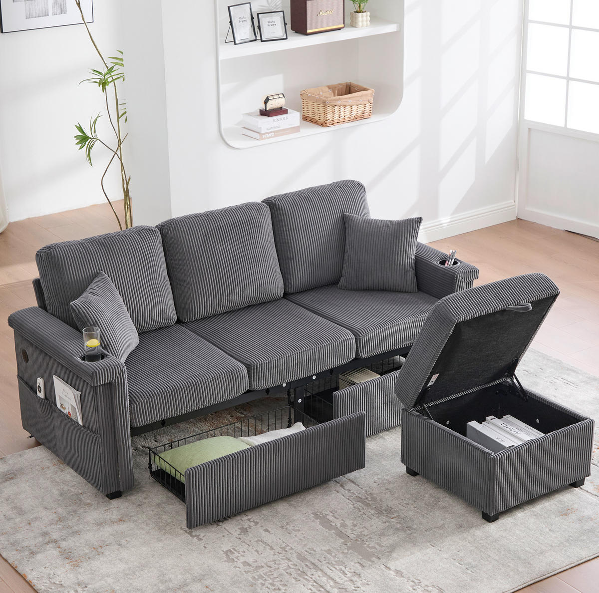 SOFA Corduroy mit LED und USB-Anschluss Stauraum 194/73/81 cm Dunkelgrau - Dunkelgrau, Textil (73/194cm) - Redom