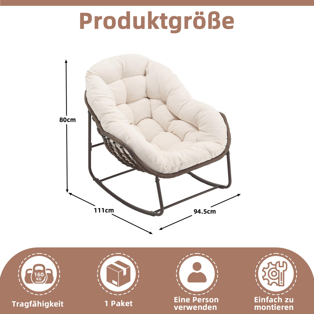 SCHAUKELSTUHL Schaukelsessel Garten,Rattanstuhl mit Stahlrahmen,Weiß-Polyester - Beige, Metall (94.5/80/111cm) - LVHOM
