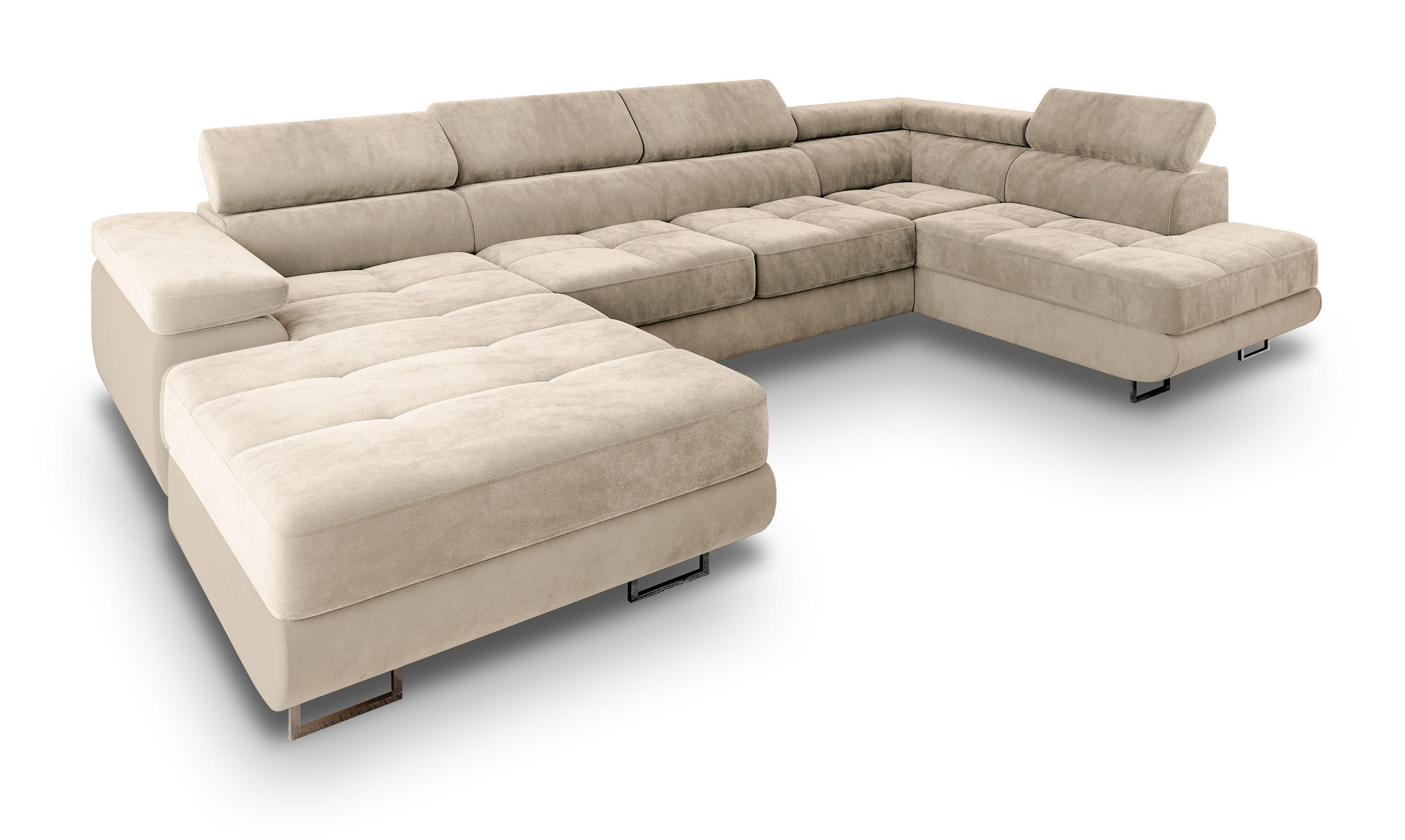 WOHNLANDSCHAFT CASONE R-S Creme Velours-Stoff mit Schlaffunktion - Creme, Holz (345/90/202cm) - MASSENO