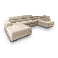 WOHNLANDSCHAFT CASONE R-S Creme Velours-Stoff mit Schlaffunktion - Creme, Holz (345/90/202cm) - MASSENO