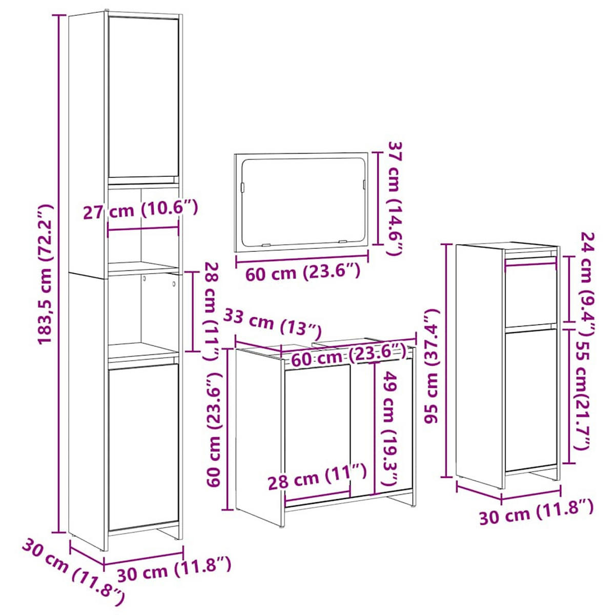 BADMÖBEL-SET 4-TLG. Betongrau Holzwerkstoff - Grau, Holzwerkstoff (30/183.5/90cm) - vidaXL